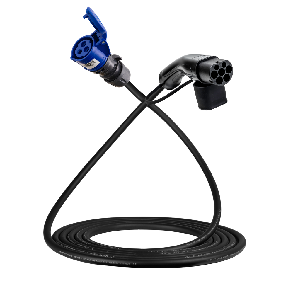 Adapter cable type 2 (charging station side) to 3-pole 16A blue commando socket