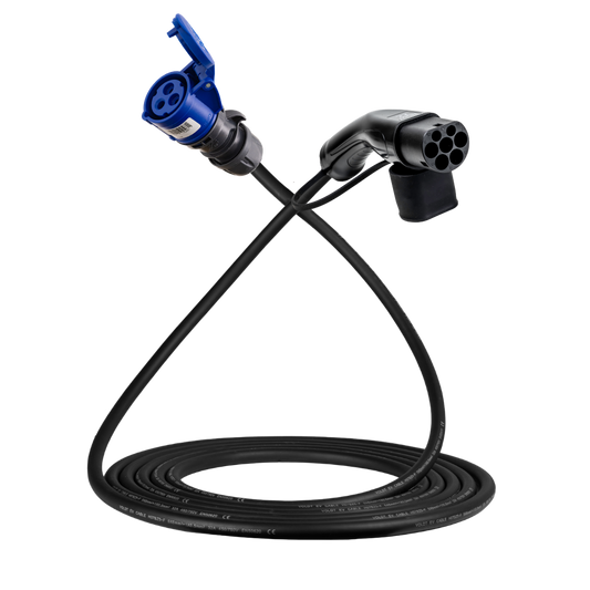 Adapter cable type 2 (charging station side) to 3-pole blue 32A commando socket