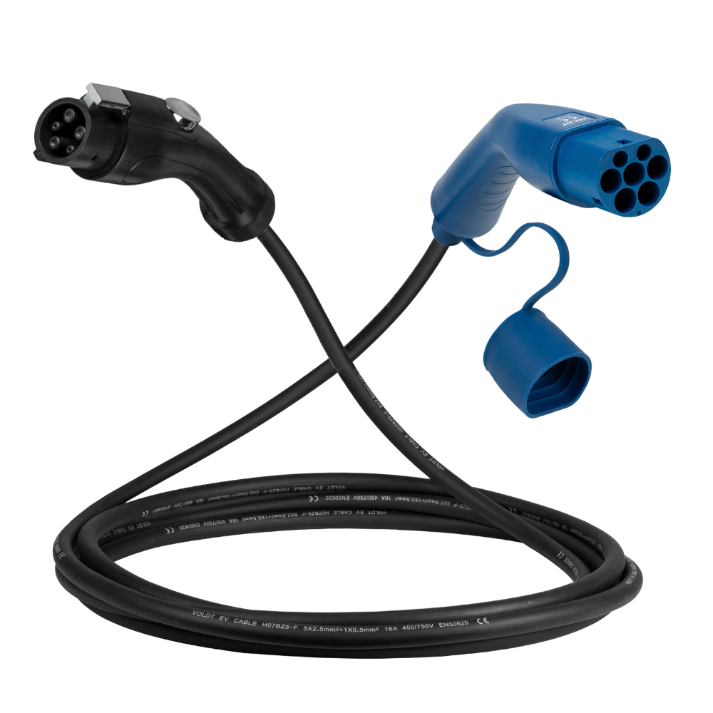 Type 1 - type 2 | 1 phase | 32a | 7.4kW charging cable